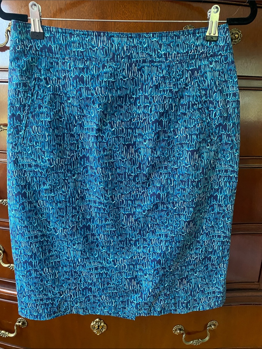 Lilly Pulitzer Teal Script-Print Pencil Skirt